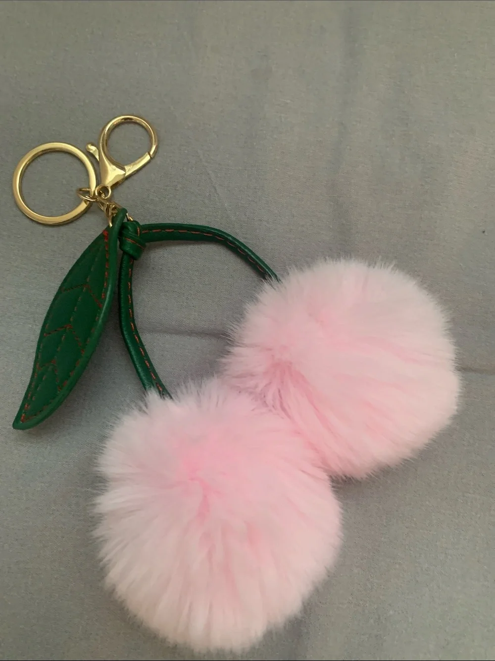 🆕- Pink Pom Pom Cherry Bag Charm Or Keychain with Green Leaf Accent